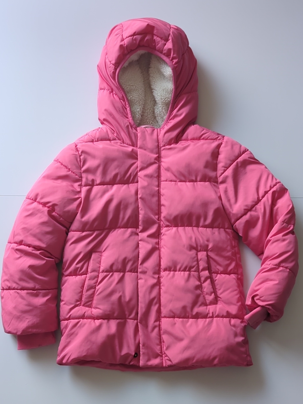 Primary Bright Pink Hooded Puffer Jacket with Sherpa Lining